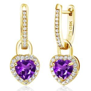 18K Yellow Gold 925 with 2.10 Cttw Amethyst and White Sapphire Heart Earrings
